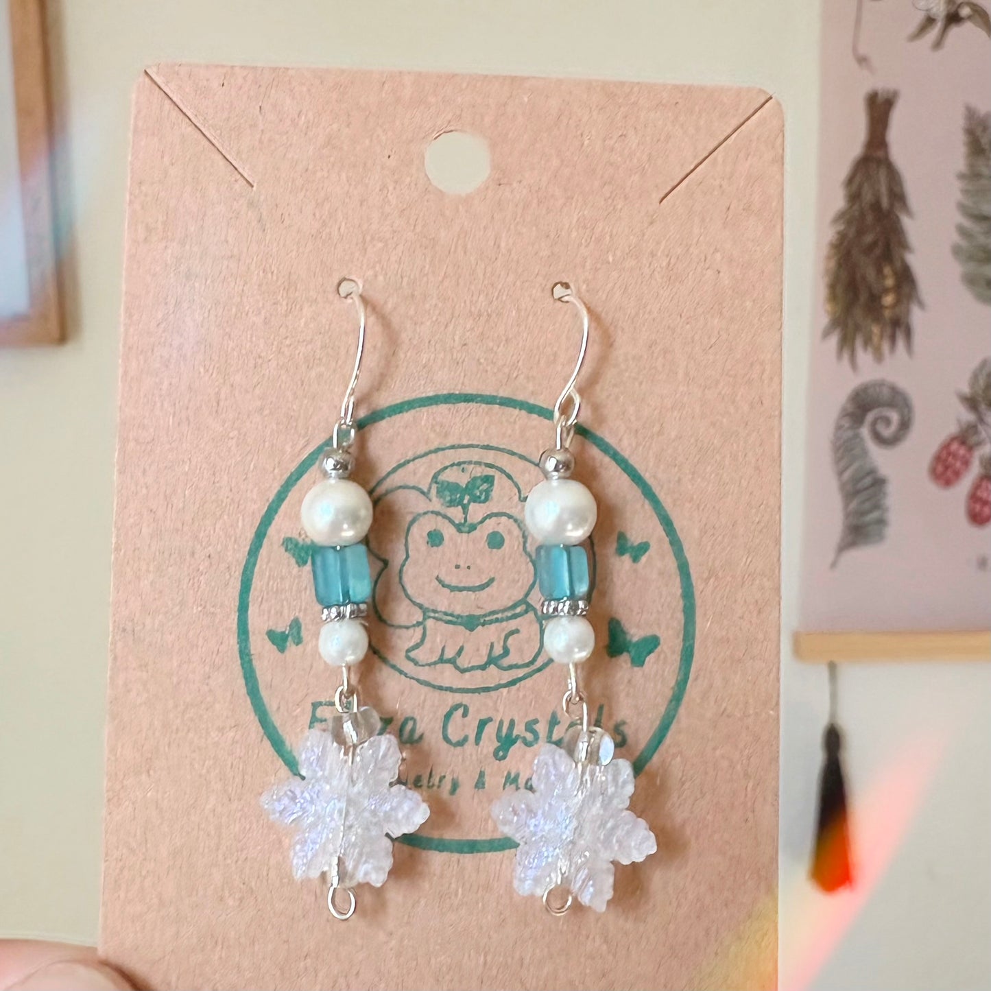 Snowflake blue beaded holiday Dangle Earrings