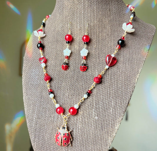 Whimsical Ladybug Jewelry ~ Gold Plated Wire Wrapped Necklace and Earrings Jewelry Set