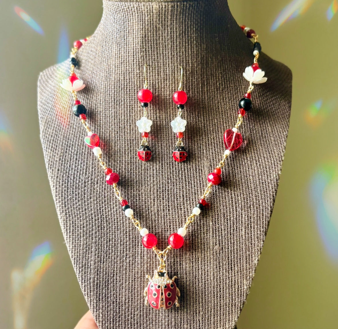 Whimsical Ladybug Jewelry ~ Gold Plated Wire Wrapped Necklace and Earrings Jewelry Set