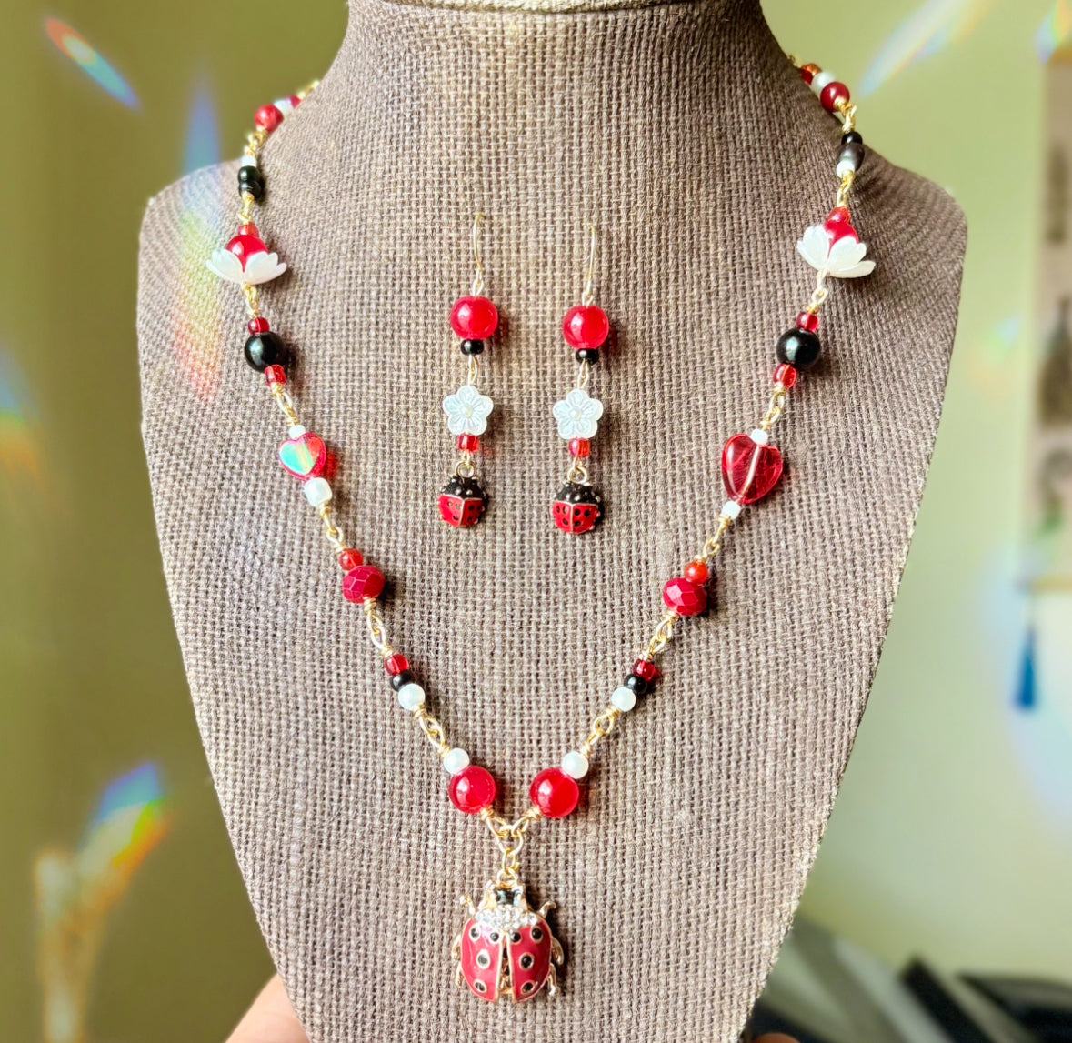 Whimsical Ladybug Jewelry ~ Gold Plated Wire Wrapped Necklace and Earrings Jewelry Set