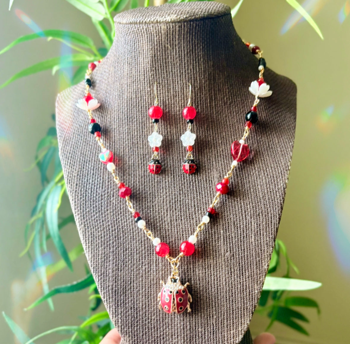 Whimsical Ladybug Jewelry ~ Gold Plated Wire Wrapped Necklace and Earrings Jewelry Set