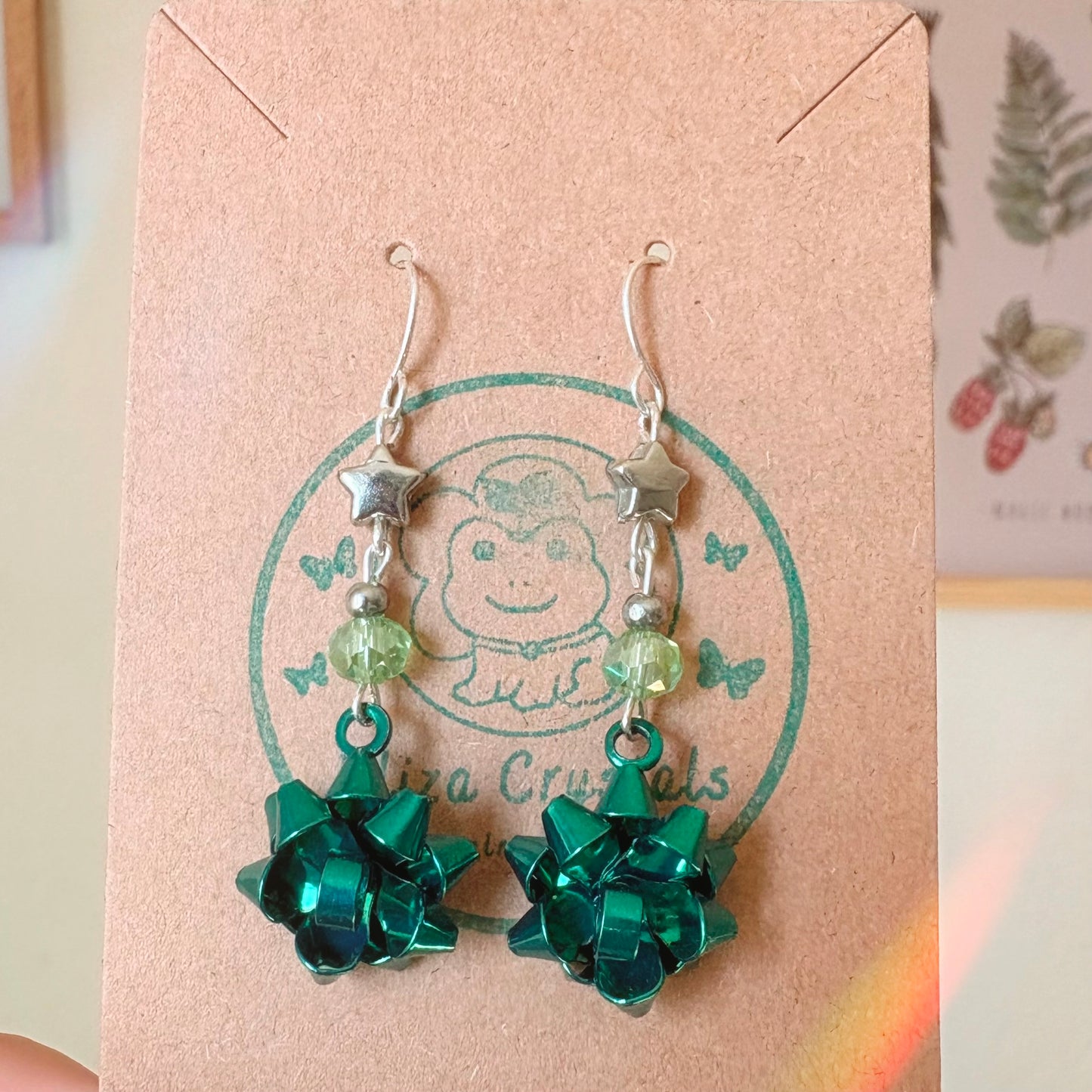 Green Christmas Bow Holiday Dangle Earrings