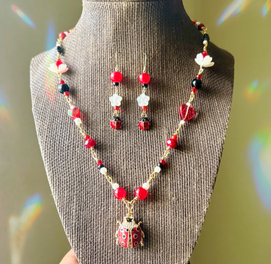 Whimsical Ladybug Jewelry ~ Gold Plated Wire Wrapped Necklace and Earrings Jewelry Set