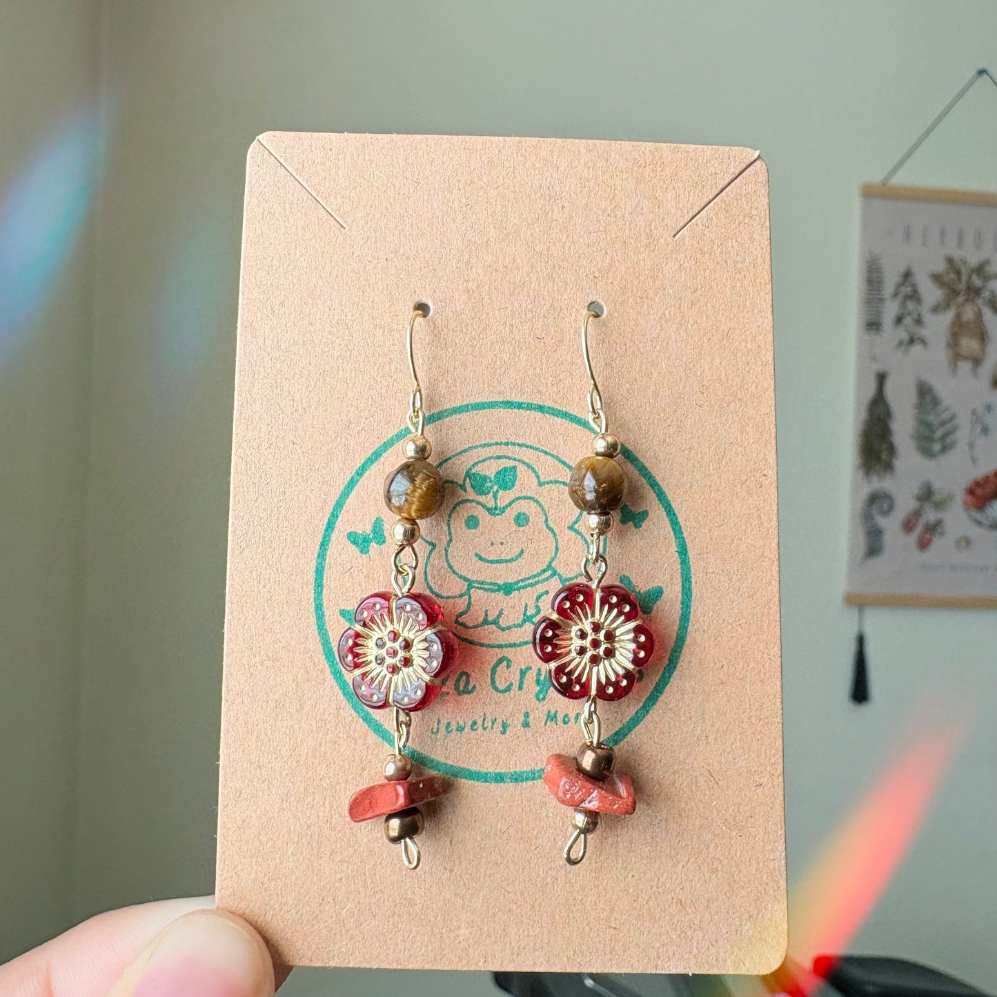 Red Golden Flower Crystal Dangle earrings