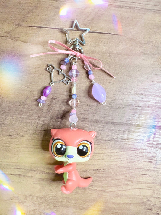 Handmade LPS Pink Purple Y2K Sea Otter Keychain: Beaded Charm