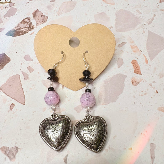 Pink and Black Vintage heart dangle earrings
