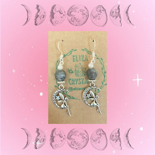 Larvikite Crystal Fairy Moon Earrings