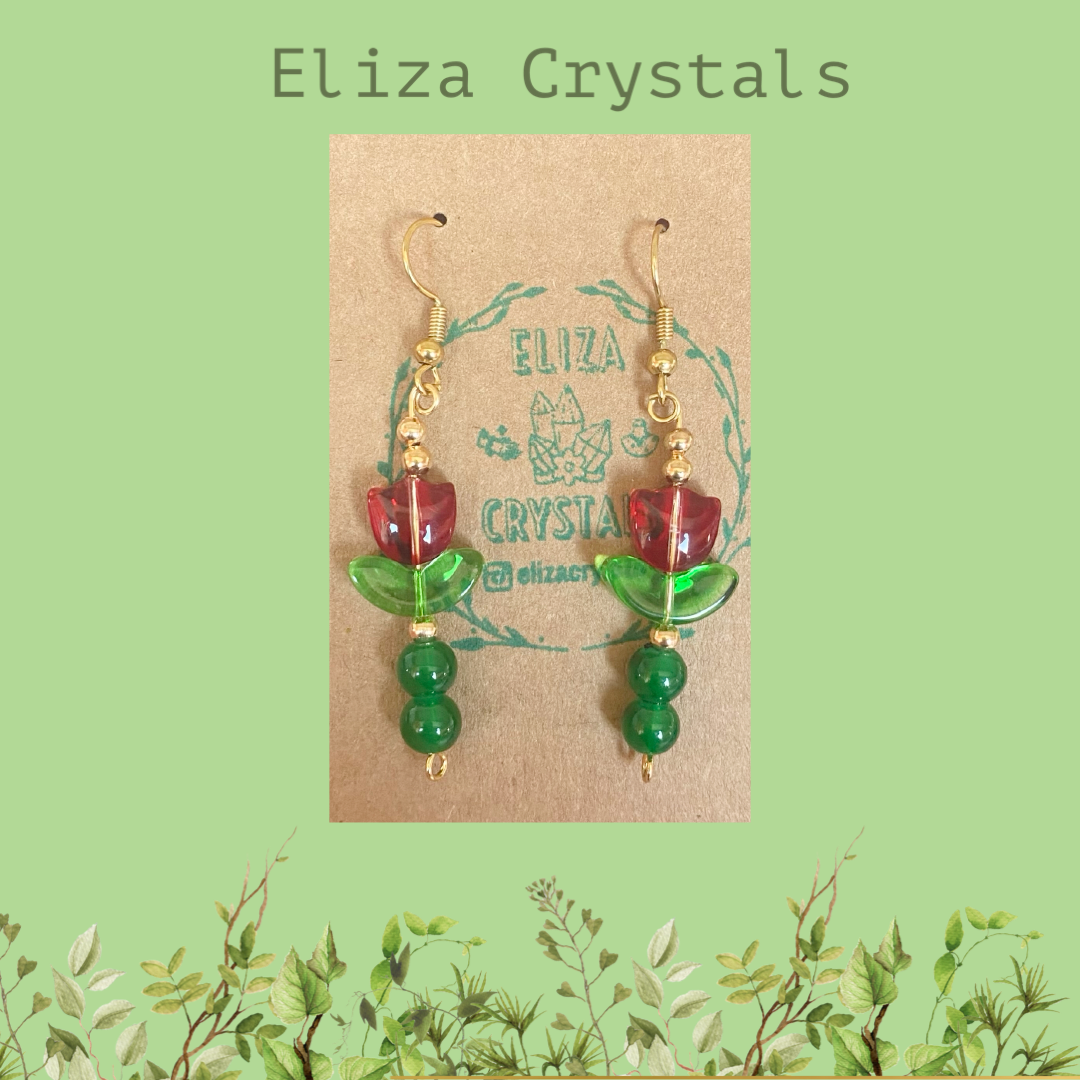 Red Tulip Tall Flower Crystal Earrings