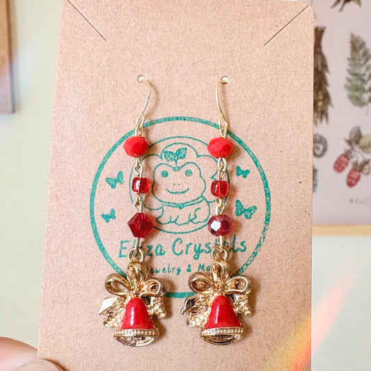 Golden Red Jingle Bell Holiday Dangle Earrings