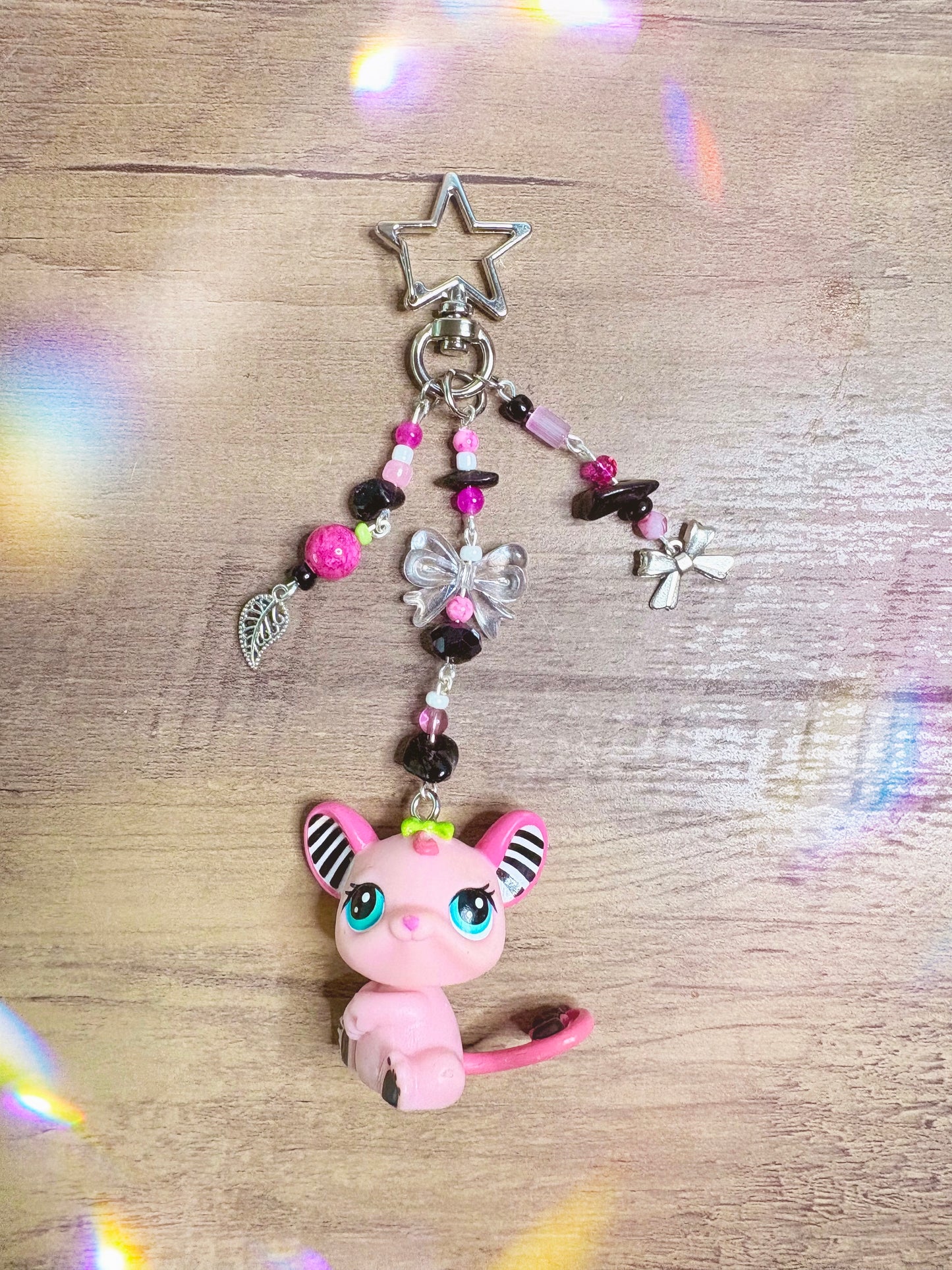 Handmade LPS Pink Y2K mouse Keychain: Beaded Charm
