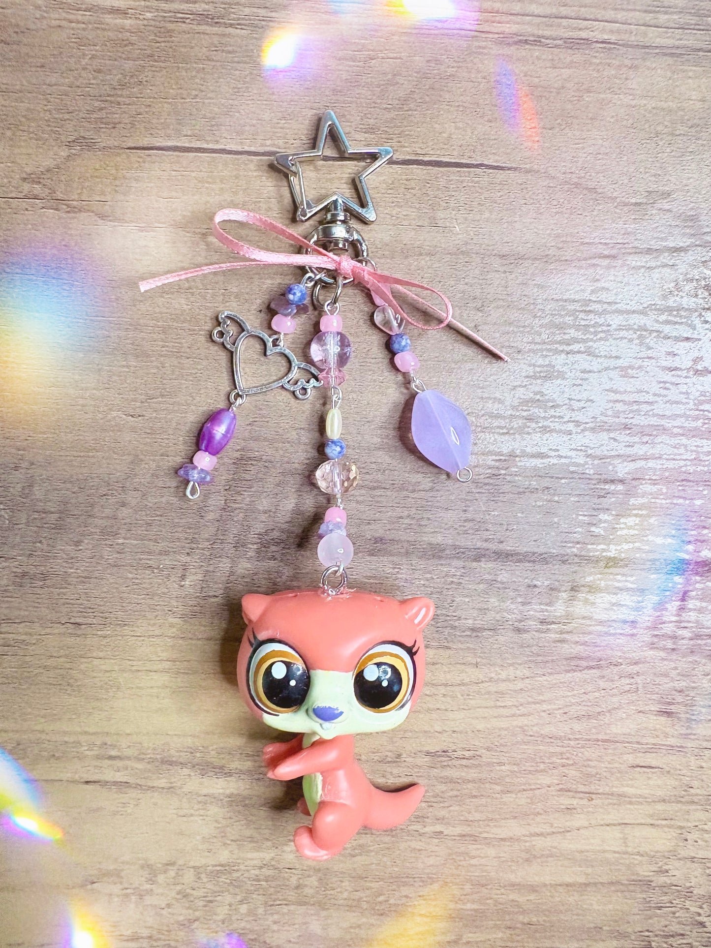 Handmade LPS Pink Purple Y2K Sea Otter Keychain: Beaded Charm