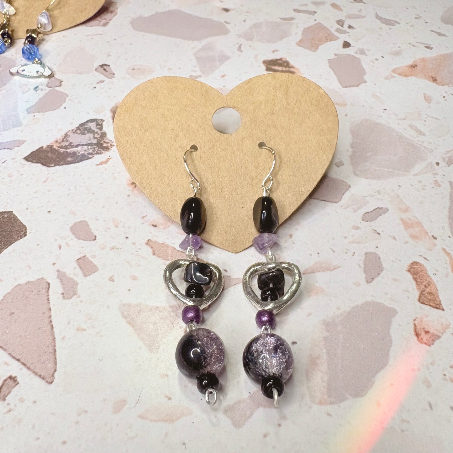 Purple Black Heart Dangle Earrings