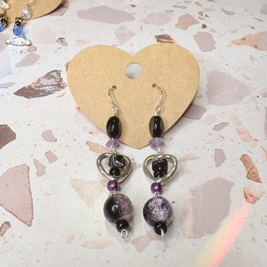 Purple Black Heart Dangle Earrings