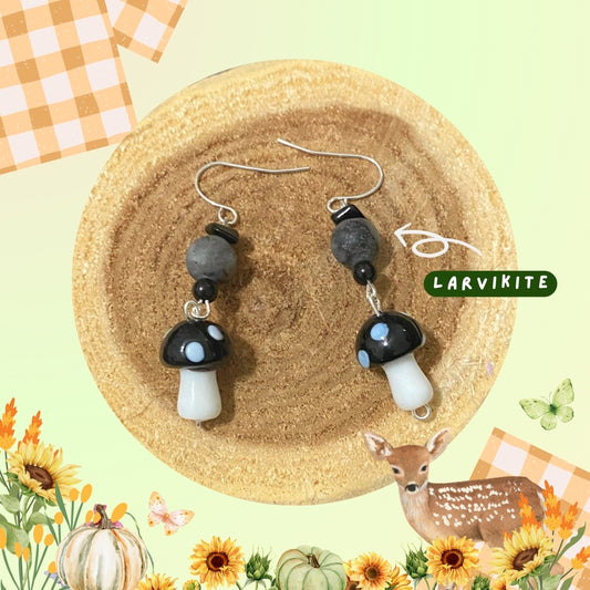 Harvest Fall Black Mushroom Larvikite Earrings