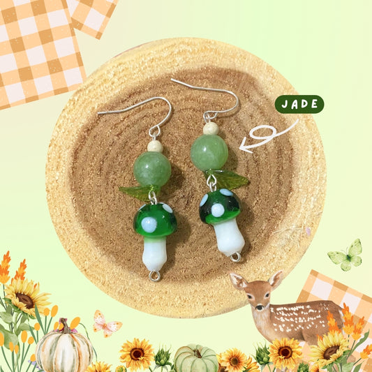 Harvest Fall Green Jade Mushroom Earrings