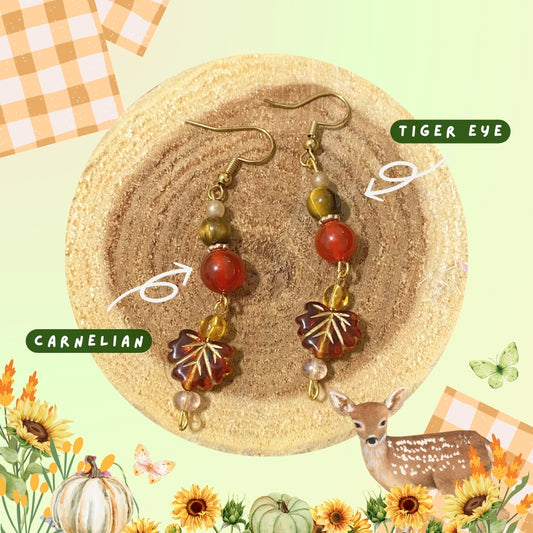 Harvest Fall Red Leaves Carnelian Tiger Eye Earrings