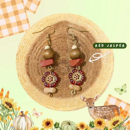 Harvest Fall Red Flower Red Japer Earrings