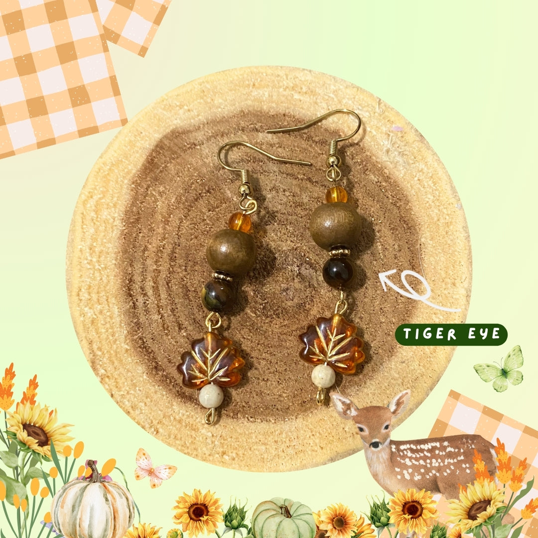 Harvest Fall Brown Leaf Tiger Eye Earrings