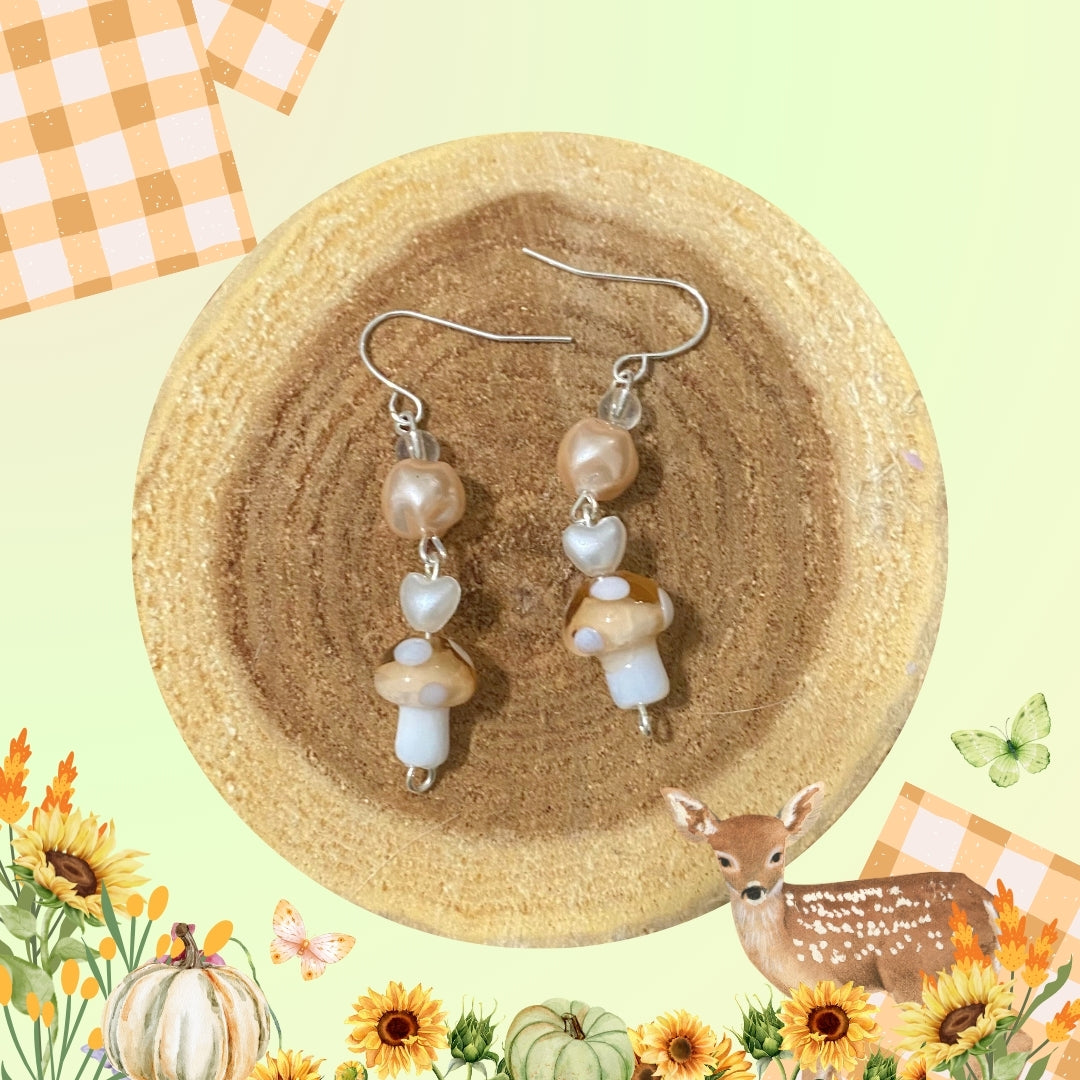 Harvest Fall Cream Pearl Mushroom Earrings