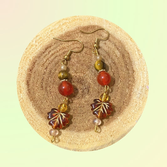 Warm Red Leaves Carnelian Tiger Eye Crystal Gold Plated Earrings