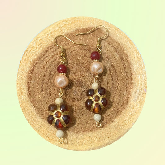 Warm Flower Carnelian Brown Gold Plated Earrings