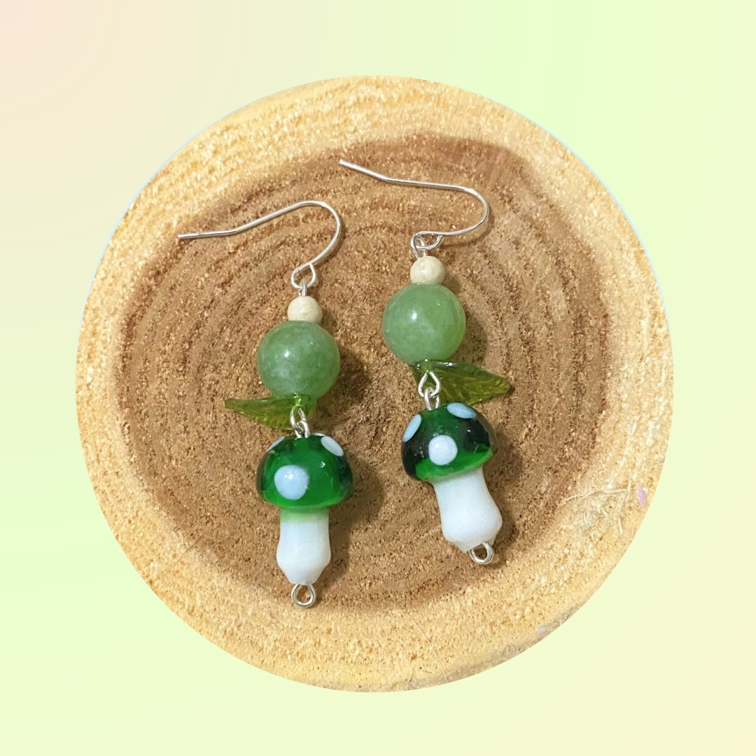 Green Mushroom Asian Jade Crystal Glass Silver Plated Earrings