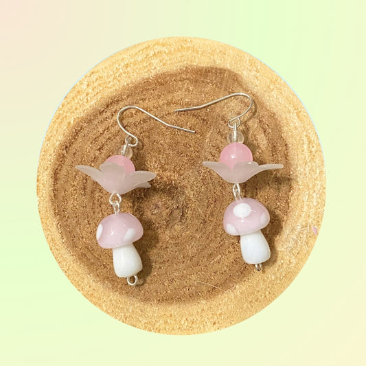 Pink Mushroom Glass Silver Plated Earrings