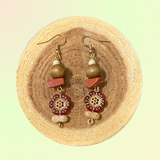 Red Flower Red Japer Crystal Gold Plated Earrings