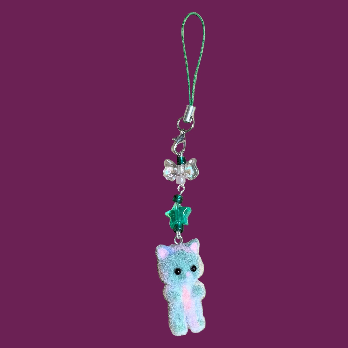 Fuzzy cat phonecharm ~ marble green
