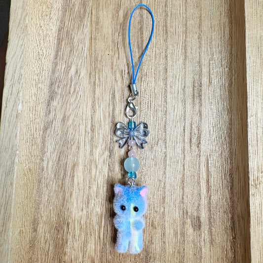Fuzzy cat phonecharm ~blue marble