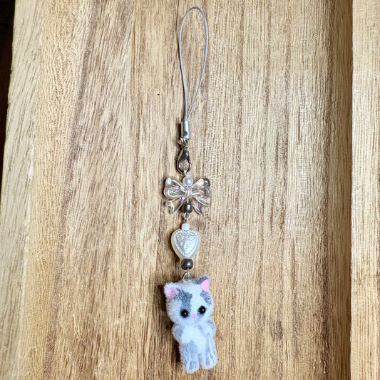 Fuzzy cat phonecharm ~white & grey marble