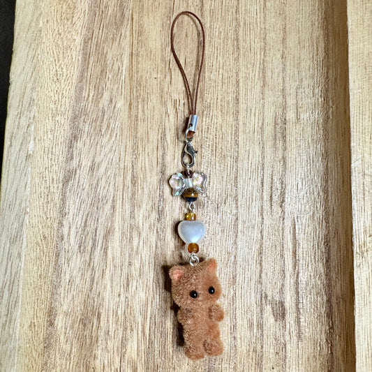 Fuzzy cat phonecharm ~ brown