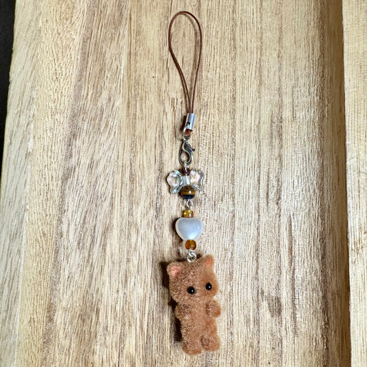 Fuzzy cat phonecharm ~ brown