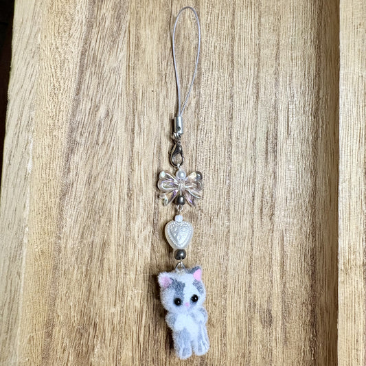 Fuzzy cat phonecharm ~white & grey marble