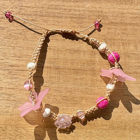 Pink Flower Whimsical Adjustable String Bracelet