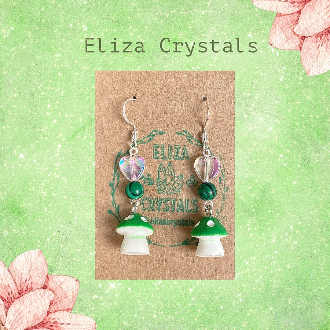 Green Mushroom Crystal Bead Earrings