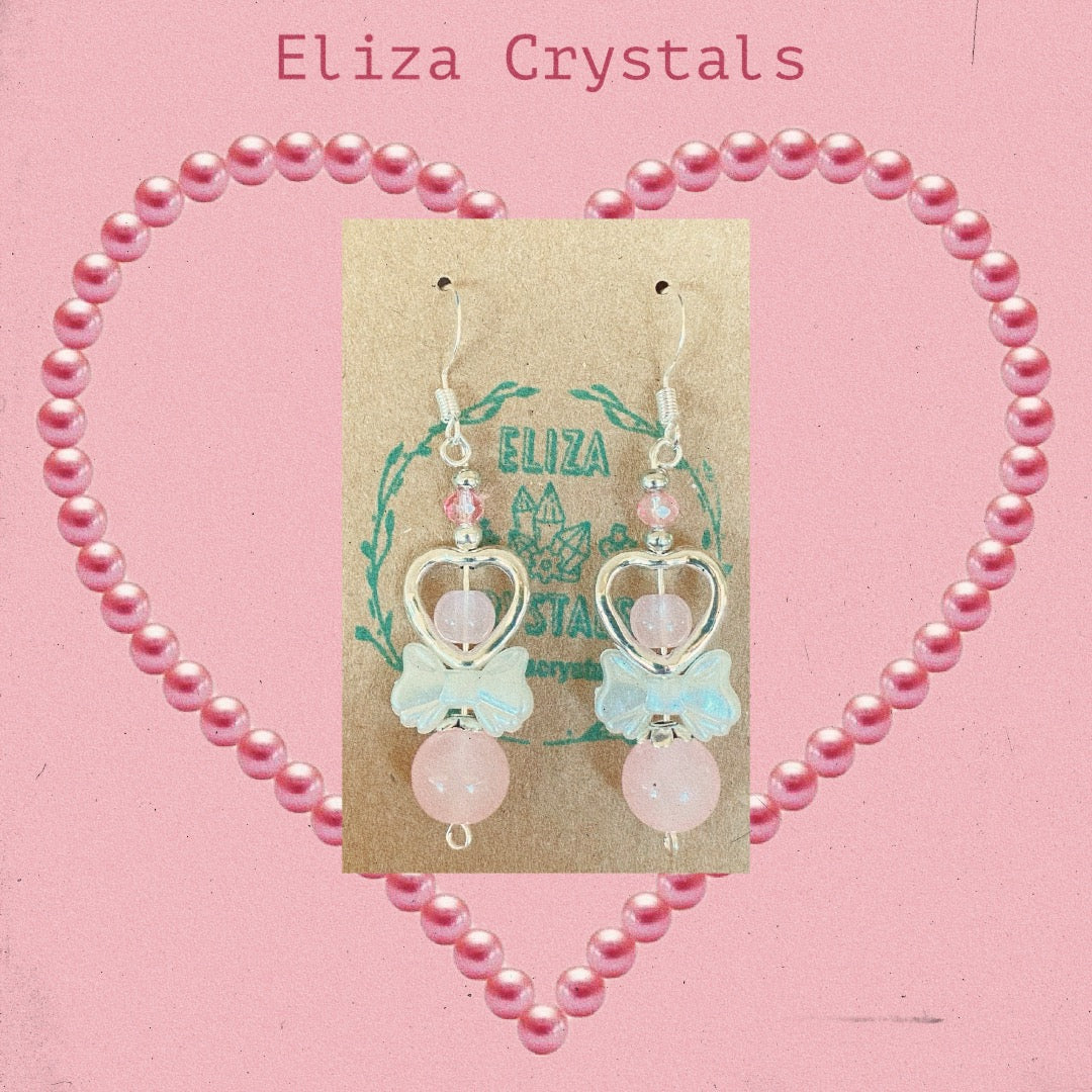 Pink Rose Quartz Heart Crystal Earrings