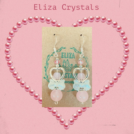 Pink Rose Quartz Heart Crystal Earrings