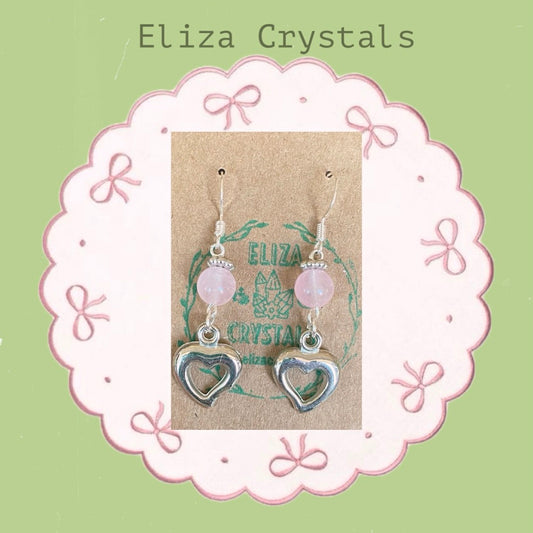 Rose Quartz Silver Heart Crystal Earrings