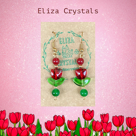 Red Tulip Flower Crystal Earrings