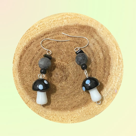 Black Mushroom Crystal Glass Larvikite Silver Plated Earrings