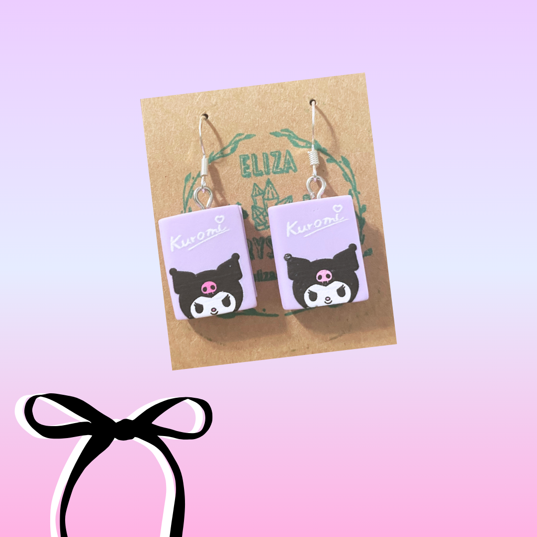 Purple Kuromi Bow Book Earrings