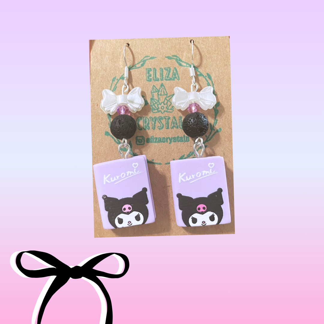 Purple Kuromi Bow Book Earrings