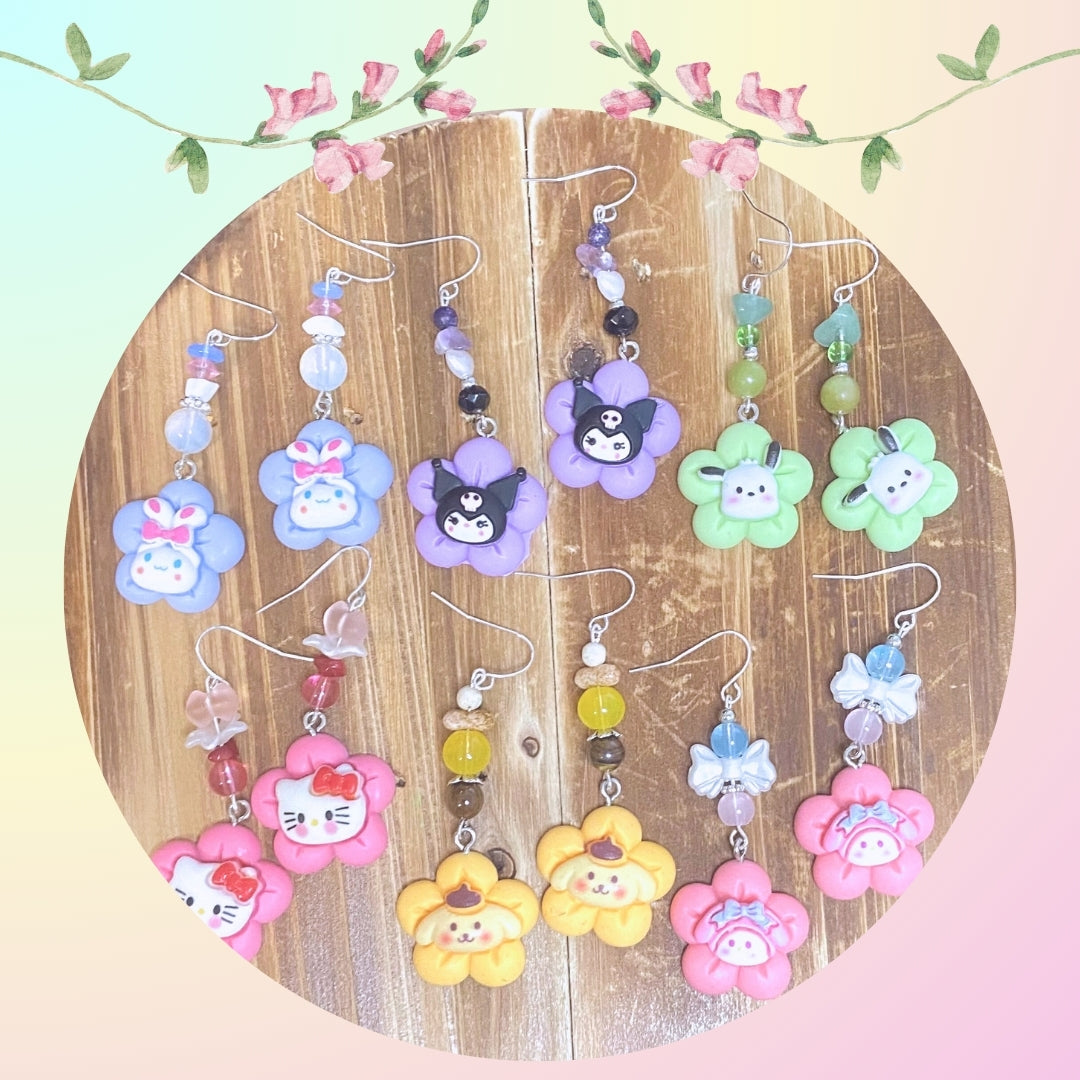 Large Flower Hello Kitty Keroppi, Kuromi, My Melody, Pom Pom Purin, Cinnamoroll Earrings