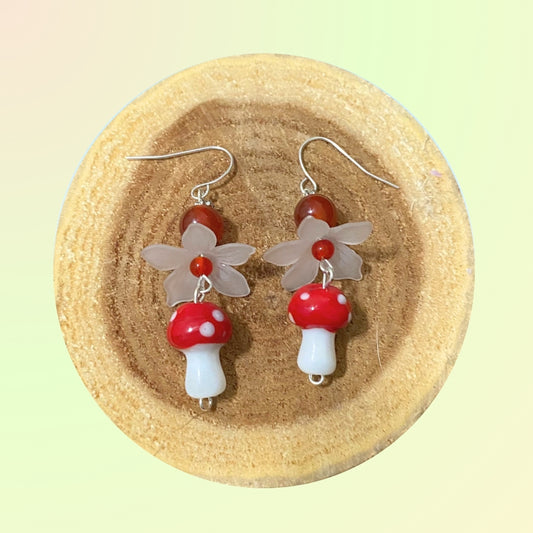 Red Mushroom Crystal Glass Carnelian Silver Plated Earrings