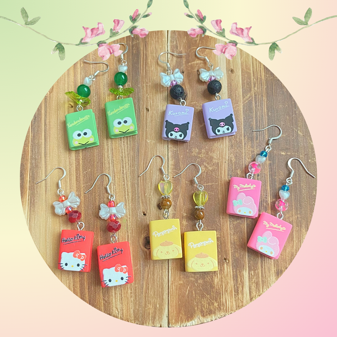 Large Book Hello Kitty Keroppi, Kuromi, My Melody, Pom Pom Purin Earrings